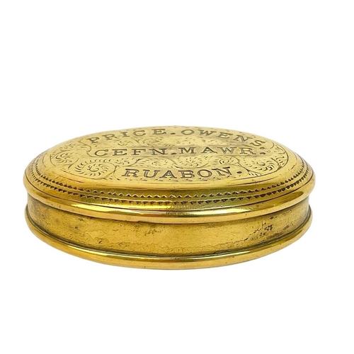 108 - A Welsh oval miner's snuff box. Circa 1900, engraved Price. Owens. Cefn Mawr. Ruabon., width 7cm.