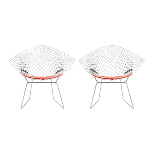 1092 - After Harry Bertoia a pair of 'Diamond' armchairs. Modern, of wire mesh construction, with red padde... 