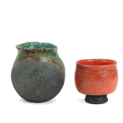 1097 - Christa Maria HERRMANN (b.1945). A banded green raku glazed pot, impressed personal seal mark, heigh... 