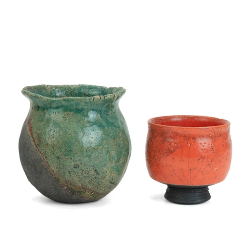 1097 - Christa Maria HERRMANN (b.1945). A banded green raku glazed pot, impressed personal seal mark, heigh... 