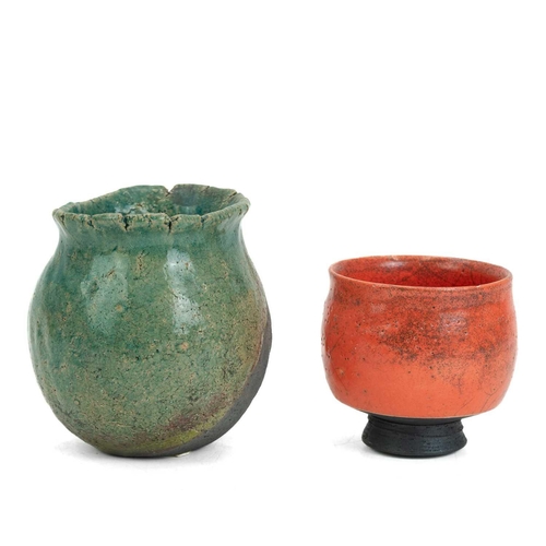 1097 - Christa Maria HERRMANN (b.1945). A banded green raku glazed pot, impressed personal seal mark, heigh... 