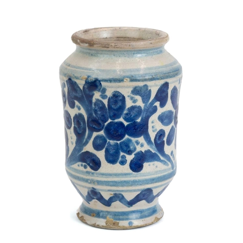 1124 - An Italian Maiolica small albarello. 17th century, of slightly waisted form, painted in blue with na... 