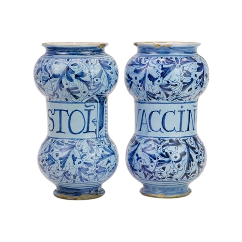 1131 - A matched pair of Italian Maiolica albarelli or dry drug jars. Probably Venetian, early 17th century... 