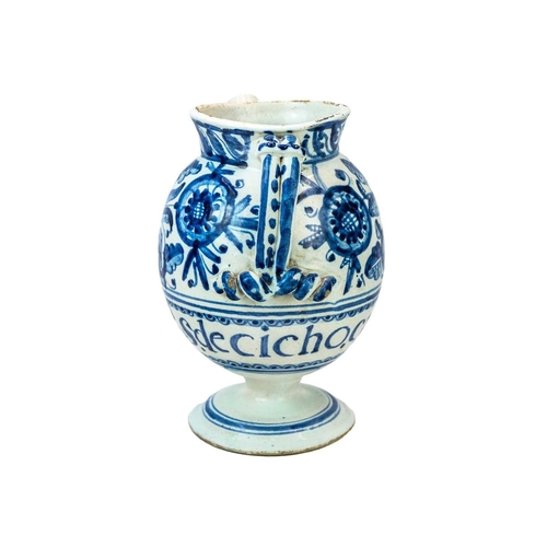 1155 - A North Italian blue and white Maiolica wet drug or syrup jar. 17th century, with floral painted dec... 