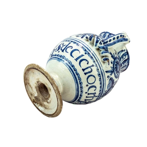 1155 - A North Italian blue and white Maiolica wet drug or syrup jar. 17th century, with floral painted dec... 