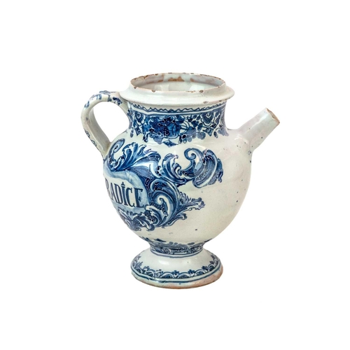 1165 - An Italian blue and white Maiolica wet drug or syrup jar. Early 18th century, with foliate scroll de... 