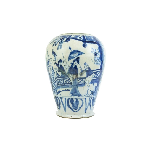 1170 - Two Dutch Delft blue and white vases. 18th century, one painted with Chinese style figures, the othe... 