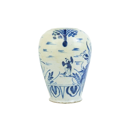 1170 - Two Dutch Delft blue and white vases. 18th century, one painted with Chinese style figures, the othe... 