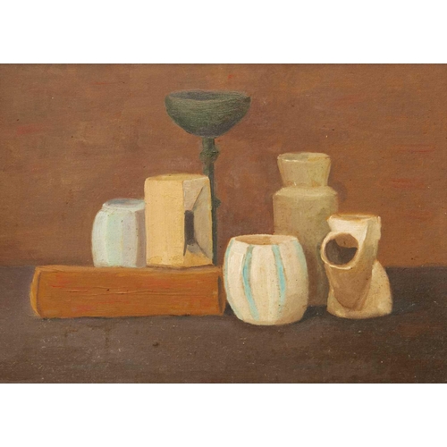 1175 - Attributed to Graham DARK. Studio pots and vases, a pair of still life studies, oil on artists board... 