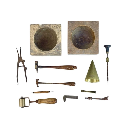 118 - A collection of various silversmith tools. Together with two treen carved bowls.