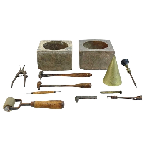 118 - A collection of various silversmith tools. Together with two treen carved bowls.