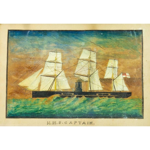 1185 - A Hichens (XIX). The ship HMS Captain at sea Signed and inscribed, oil on paper, 15.5X24.5cm, in a t... 