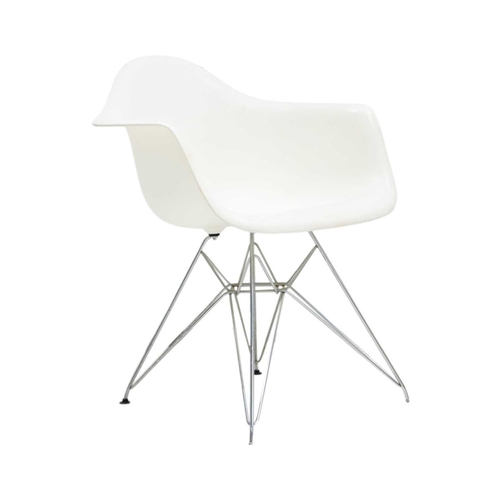 1196 - After Charles and Ray Eames, four DAR style armchairs. White plastic moulded shells on chrome Eiffel... 