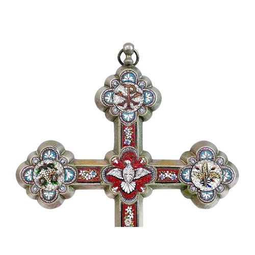 121 - An Italian large micromosaic cross. Inlaid with a dove, flowers, and religious symbols and inscribed... 