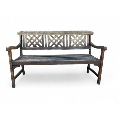 1225 - A hardwood garden bench. Modern, length 145cm, and a small garden table, with slatted top (2).