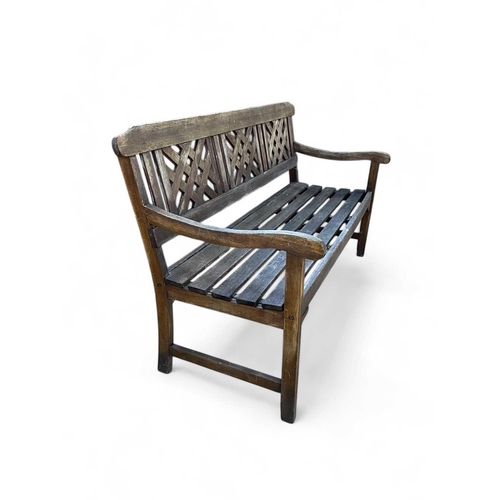 1225 - A hardwood garden bench. Modern, length 145cm, and a small garden table, with slatted top (2).