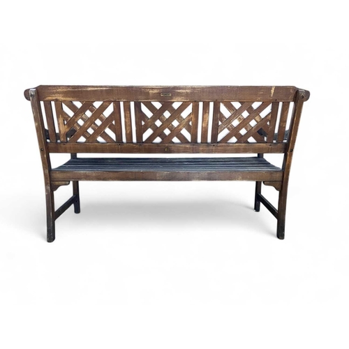 1225 - A hardwood garden bench. Modern, length 145cm, and a small garden table, with slatted top (2).