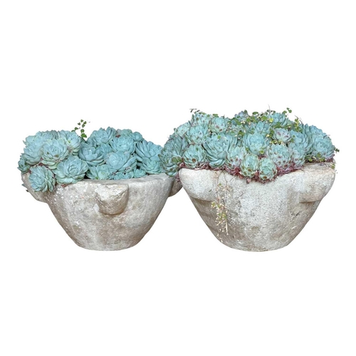 1231 - Two marble mortars. 18th/19th century, each planted with succulents (2). Height: 17cm. Max diameter ... 