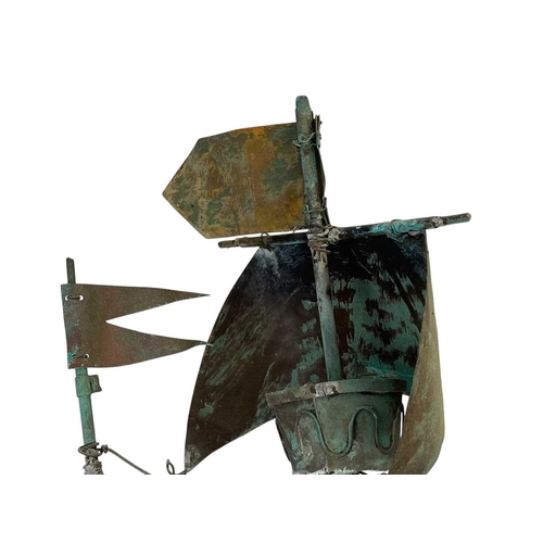 148 - A copper galleon weather vane mount. Early 20th century, the three masted ship with verdigris patina... 