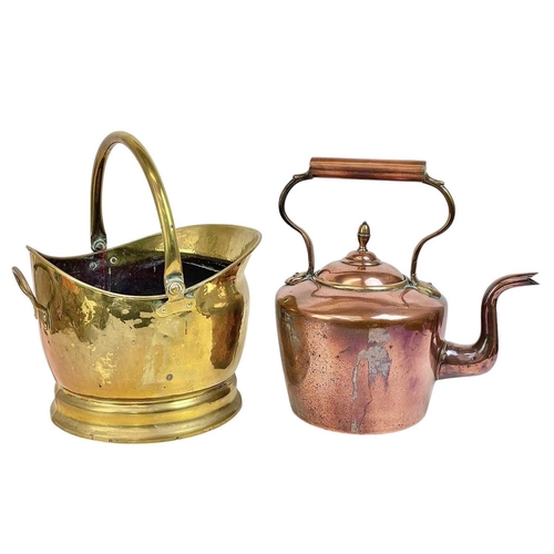 149 - A Victorian copper kettle. Height 33cm, together with other brass and copperware (box).