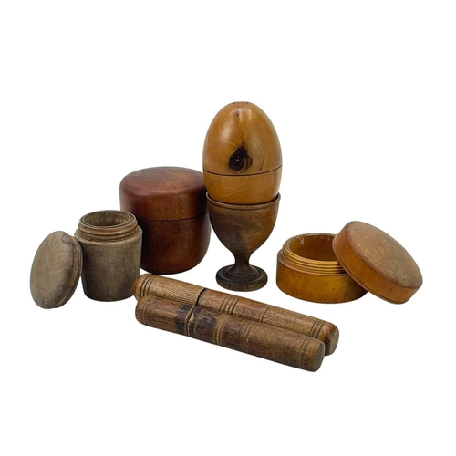 172 - A collection of treen. To include four glass bottle holders with bottles, two with glass liners, a p... 