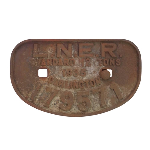 183 - Two LNER Darlington cast iron carriage plates. 1935, number 179571, and a 1950 repair plate (3).