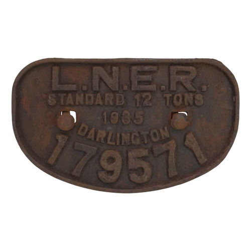 183 - Two LNER Darlington cast iron carriage plates. 1935, number 179571, and a 1950 repair plate (3).