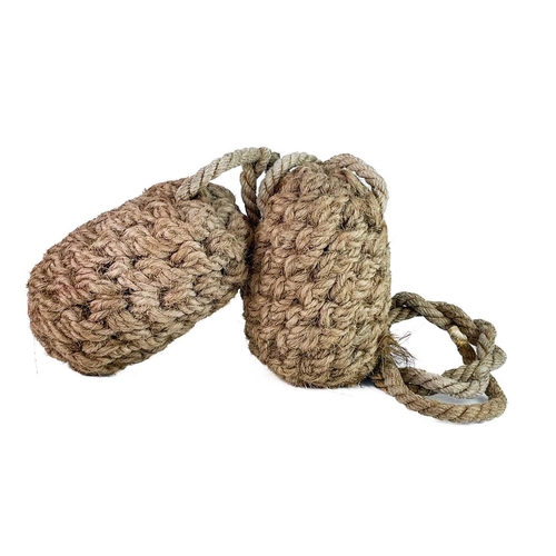 229 - Two rope fenders. Of rounded rectangular form, height 22cm rope length 150cm. (2)