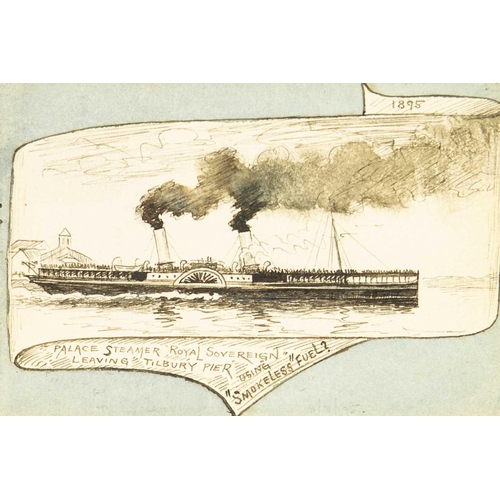 230 - Three monochrome ink and wash drawings of steamships. Late 19th century, each painted as a scroll, a... 