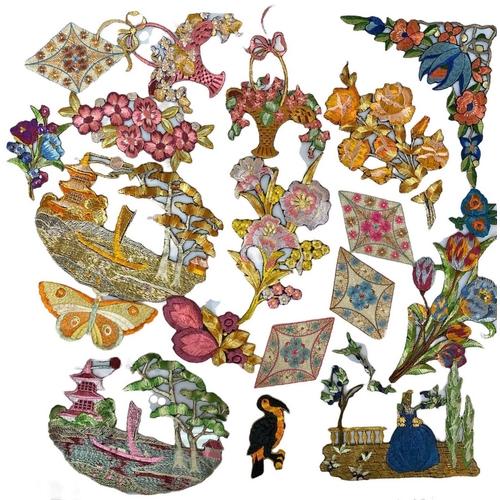 261 - A selection of machine embriodered samples circa 1930s Depicting Oriental scenes, flowers and butter... 