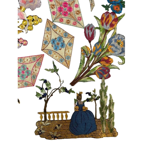 261 - A selection of machine embriodered samples circa 1930s Depicting Oriental scenes, flowers and butter... 