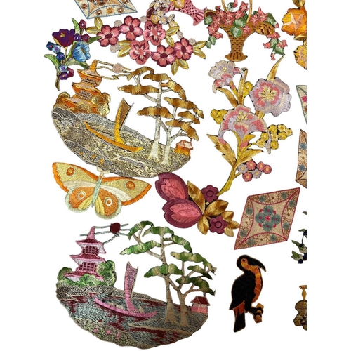 261 - A selection of machine embriodered samples circa 1930s Depicting Oriental scenes, flowers and butter... 