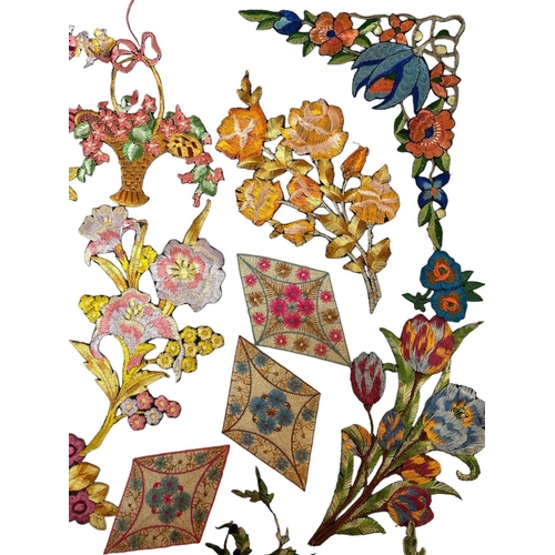 261 - A selection of machine embriodered samples circa 1930s Depicting Oriental scenes, flowers and butter... 