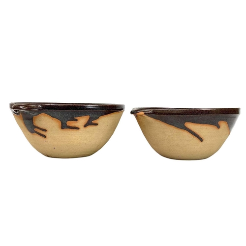 342 - Scott Marshall (1936-2008) Boscean Pottery, three graduating twin handled bowls, largest diameter 29... 