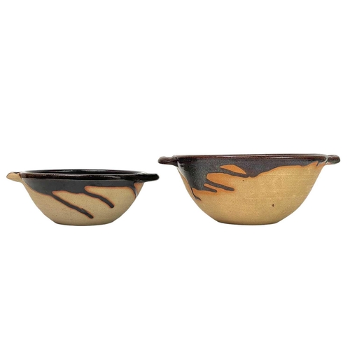 342 - Scott Marshall (1936-2008) Boscean Pottery, three graduating twin handled bowls, largest diameter 29... 