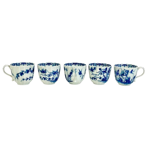 412 - Five 18th century Worcester porcelain fluted tea cups Decorated in blue and white with an oriental g... 