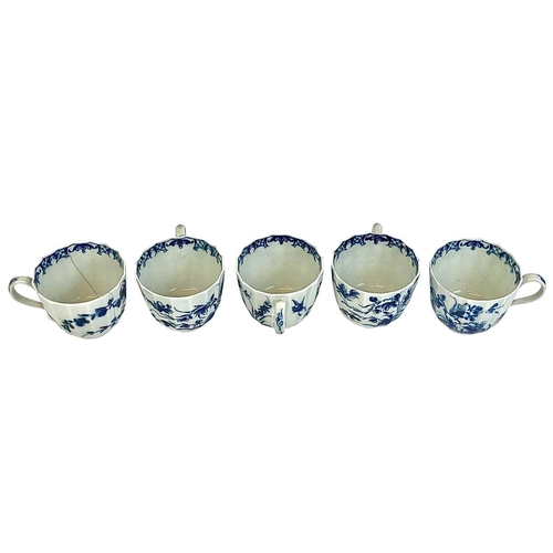 412 - Five 18th century Worcester porcelain fluted tea cups Decorated in blue and white with an oriental g... 