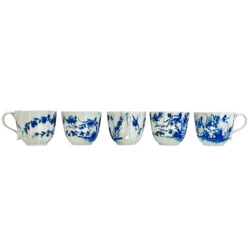 412 - Five 18th century Worcester porcelain fluted tea cups Decorated in blue and white with an oriental g... 