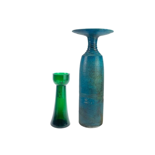 416 - Hugh West (1950) Studio pottery vase, raised potter marks, height 43cm together with a green glass v... 