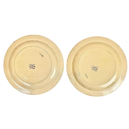 417 - Two Clarice Cliff Tralee pattern ribbed plates. Bizarre Wilkinson Ltd marks, diameter 25cm. (2)