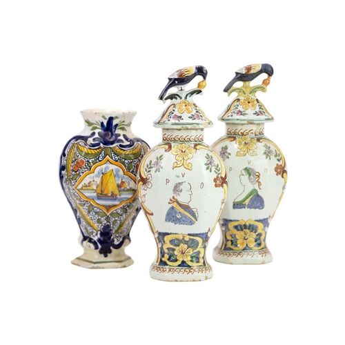 457 - A pair of Dutch Delft polychrome vases and covers. 19th century, painted with portraits of William a... 