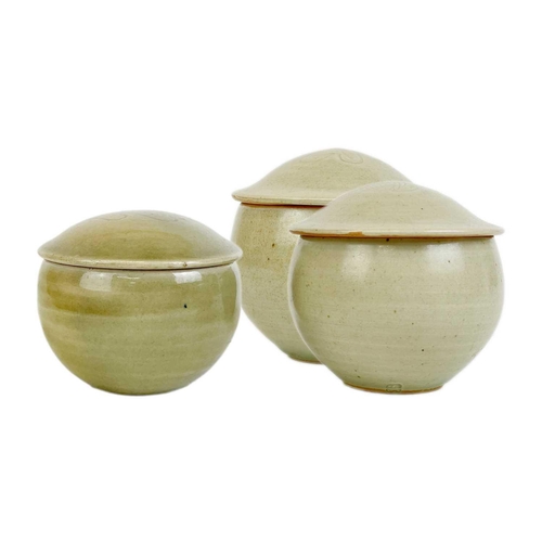 459 - Three Leach Standard Ware pots with oak leaf motif to lids. Height of tallest pot 9.5cm.