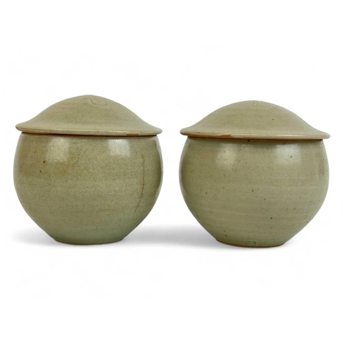 459 - Three Leach Standard Ware pots with oak leaf motif to lids. Height of tallest pot 9.5cm.