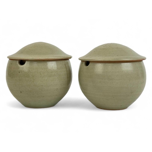 459 - Three Leach Standard Ware pots with oak leaf motif to lids. Height of tallest pot 9.5cm.