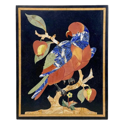 46 - An Italian Pietra Dura panel. Decorated with a perched parrot amongst apples, 39.5cm x 32cm.