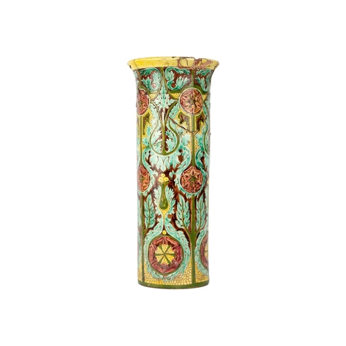 474 - A Della Robbia pottery cylindrical vase, (Birkenhead 1894-1906). Incised marks, height 43.5cm, diame... 