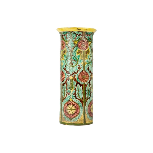 474 - A Della Robbia pottery cylindrical vase, (Birkenhead 1894-1906). Incised marks, height 43.5cm, diame... 