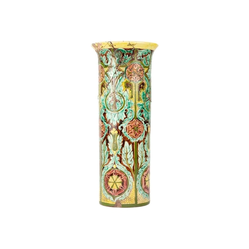 474 - A Della Robbia pottery cylindrical vase, (Birkenhead 1894-1906). Incised marks, height 43.5cm, diame... 