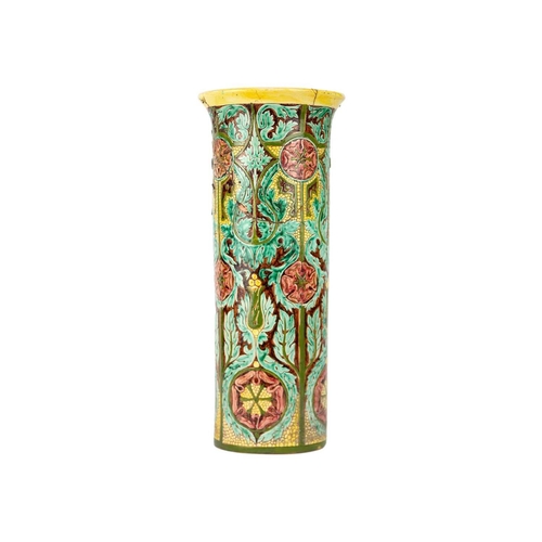 474 - A Della Robbia pottery cylindrical vase, (Birkenhead 1894-1906). Incised marks, height 43.5cm, diame... 