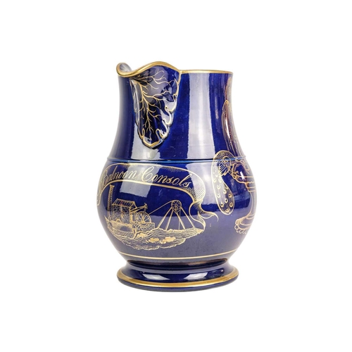 475 - Cornish mining interest, A large English pottery jug. Circa 1850, the cobalt blue ground inscribed i... 